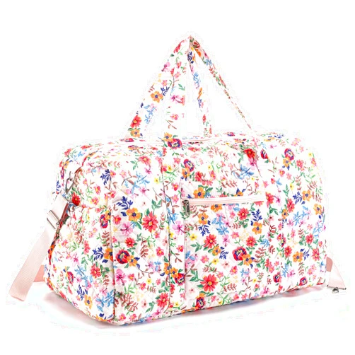 Dansydaisy Large Quilted Travel Duffle Bag for Women Pink Floral Portable Gym Lightweight Weekender Bag with Zipper Pockets Grocery Pouch Workout Overnight Carry on Duffle Pouch for Travel Work