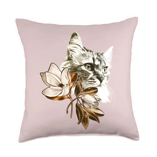 Cats by Fluffabulous Prints Beautiful Siberian Cat with Magnolias Flowers, Women Floral Throw Pillow, 18x18, Multicolor