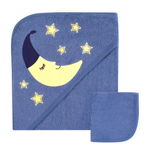 Hudson Baby Unisex Baby Cotton Hooded Towel and Washcloth, Moon, One Size