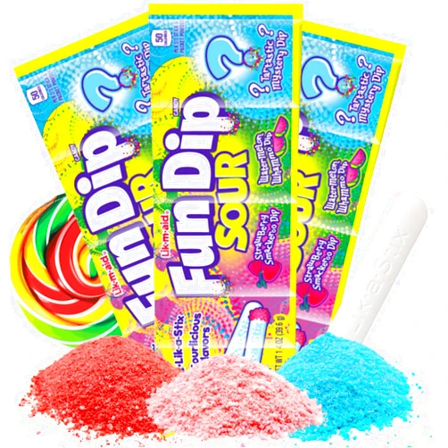 Sweetzo Fun Dip Sour Power and Candy Sticks, Strawberry, Watermelon, and Mystery Flavor, Individually Wrapped Nostalgic Candies, Goodie Bag Fillers and Party Favors, Pack of 3, 1.4 Ounces