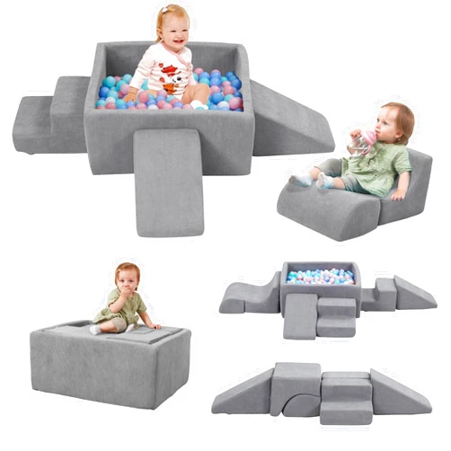 MOOZHEALTH Baby Climbing Blocks with Ball Pit,6PCS Foam Climbing Toys for toddlers 1-3 Inside,Soft Crawl & Climb Activity Play Set Indoor,Modular Structure Washable Play Equipment,Gray(Balls Not Included)