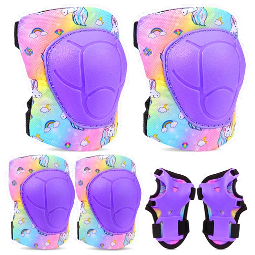 FIODAY Knee Pads for Kids Protective Gear Set Adjustable Kids Knee Pads and Elbow Pads with Wrist Guard for Girls Roller Skates Cycling Bike Skateboard Scooter Knee Pads, 3-8 Years,Rainbow Unicorn