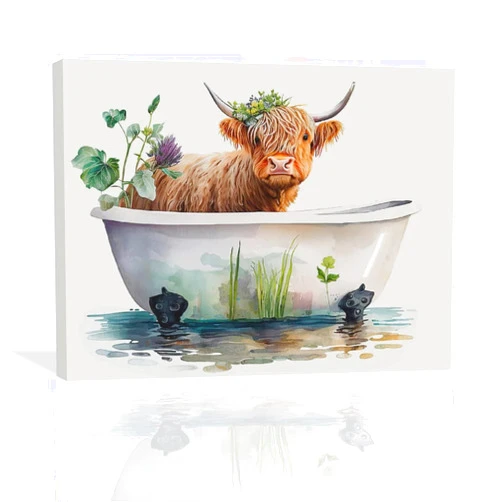 Tijuboni Highland Cow Wall Art - Longhorn Cow Bathtub Decor - Farmhouse Botanical Animals Bathroom Pictures - Canvas Painting Print - Modern Artwork Framed - 16''x20''