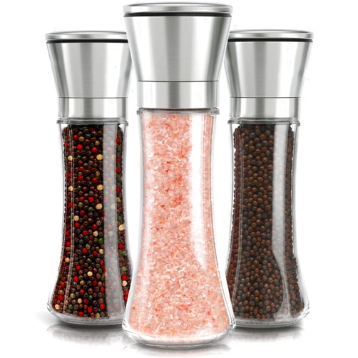 New Era Creators Salt and Pepper Grinder Set, Salt and Pepper Shakers with Adjustable Coarseness,Brushed Stainless Steel and Glass Body Shakers(3 Pack) (like in picture)
