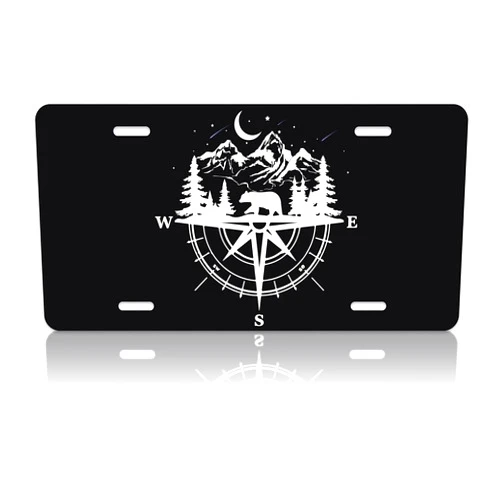 LOISTAVA Compass Mountain Moon Star Bear Car Front License Plate Funny Animal Personalise License Plate Rust-Proof Stainless Steel Metal Car Plates Tag Novelty Vanity Tag Decorative Men Women