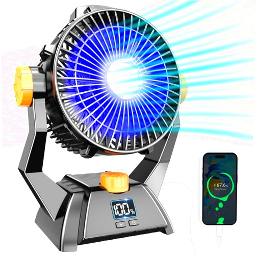 CRISLEX Camping Fan 20000mAh Rechargeable 100Hrs, 9-Inch Portable Cordless Battery Powered Fan with Led Light and Hook for Camping Tent Fan, Personal USB Table Desk Fan for Travel Beach Fishing BBQ RV Outdoor