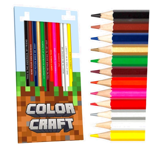 Pun Labs Color Craft Colored Pencil Set for Fans of the Game | Set of 12 Pixel Mining-Inspired Parody Pencils | Each Color Pencil is Foil-Stamped with Clever Game References | Great Gift for Fans & Gamers