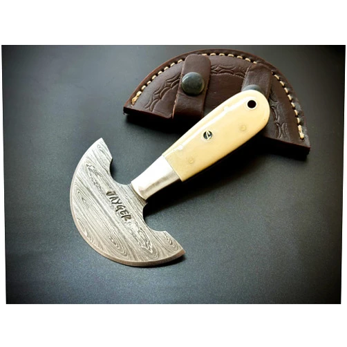 Jayger Handmade Damascus Steel Round Head Leather Cutting Knife | Bone Handle - Premium Craftsmanship for Precision Cuts | Durability