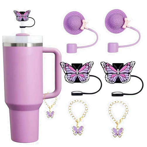 OUBFUUY (4+2 Stanley Cup Accessories, 4Pcs Straw Cover Cap with 2 Pcs Butterfly Heart Charms for Stanley Cup 30&40 Oz with Handles, Cute Straw Topper and Charms for Stanley Tumbler, Purple