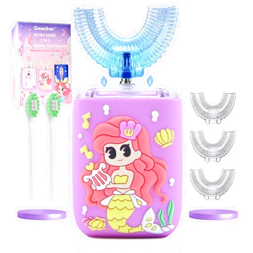 Geacker Kids Electric Toothbrush, U Shaped Toothbrush Kids Sonic Automatic Brush with 5 Brush Head 6 Sonic Clean Modes IPX7 Waterproof Mermaid Design Rechargeable Smart Timer for Children 2-7