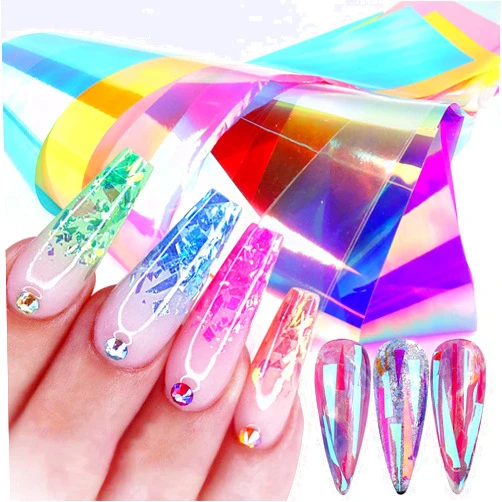ONEUPIN 8 Sheets Gradient Glass Paper Nail Art Sticker，Colorful Laser Aurora Cellophane 3D Broken Glass Pieces Mirror Foils Nail Art Decoration for Women Acrylic DIY Nail Art Stickers
