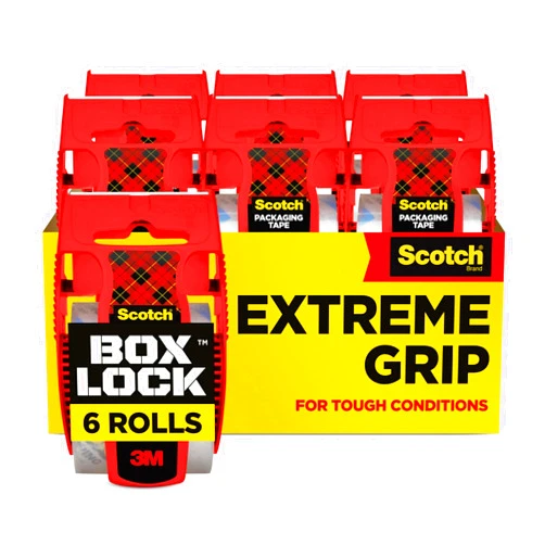 Scotch Box Lock Packing Tape, Clear, Extreme Grip Box Packaging Tape for Shipping and Mailing, 1.88 in. x 22.2 yd., 6 Tape Rolls with Dispensers