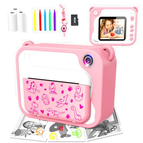 USHINING Kids Camera Instant Print 12MP Instant Camera for Kids Ink Free Printing Dinosaur Camera for Kids Aged 3-10 Portable Camera for Kids 3 4 5 6 7 8 9 10 Year Old Boys Girls Gifts Pink