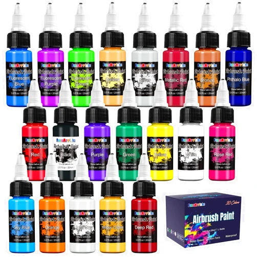 FansArriche Airbrush Paint Set, 20 Colors Acrylic Air Brush Paint Kit, Ready to Spray Water-Based Opaque & Neon Colors for Beginners, Artists, DIY Projects, 20 ml/Bottle