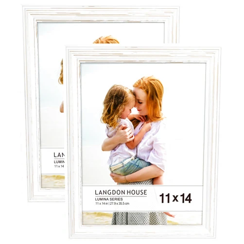 Langdon House 11x14 Real Wood Picture Frames (2 Pack, Weathered White - Gold Accents), White Wooden Photo Frame 11 x 14, Wall Mount or Table Top, Lumina Collection