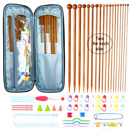 Mdoker Bamboo Knitting Needle Set with Case 36pcs Straight Single Pointed Kniting Needles 13.5inch Length Sweater Needles for DIY Knitting Projects(2mm-10mm) Knitting Set with Accessories
