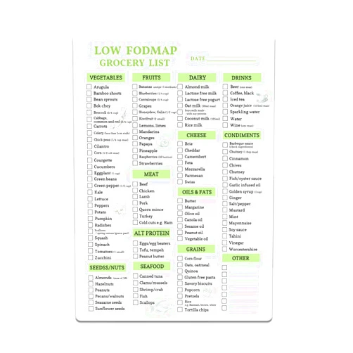 Lovielf Reusable Low fodmap Grocery & Shopping List for Nutrition, Gut Health, IBS Relief, and Enhances the Elimination Diet | Double Sided Erasable material