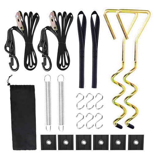 PHATRIP Heavy Duty RV Awning Tie Down Kit(with 6 Awning Hooks) Ratchet Tie Down Anchor Strap with Reflective Strip, Buffer Tension Spring and Storage Bag, Soft Connection,rv Accessories for Camper