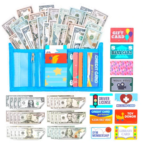 JOYIN 35pcs Kids Pretend Money, Play Credit Cards Set, Toddler Wallet, Single-Sided Printed Currency（Copy for Cash Register Play, Math Learning Toy, Dress Up Party Favors, Birthday Gift