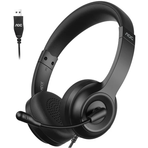 AOC USB Headset with Microphone for PC, Over-Ear Wired Headphones with Noise-Cancelling Mic, 40mm Audio Drivers, USB-A Computer Headset for Office, Teams, Call Centers & Online Meetings (Black)