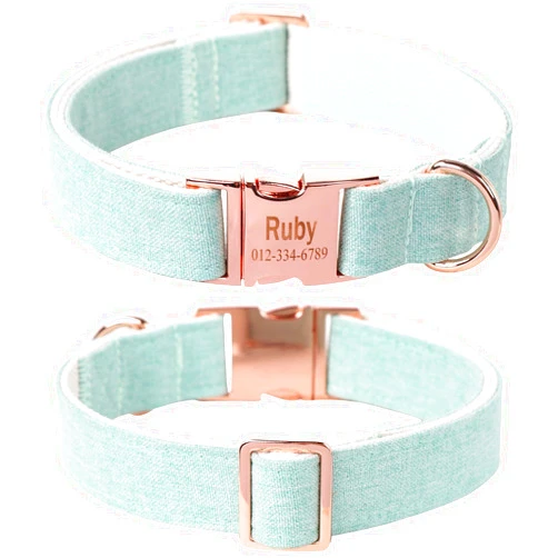 MR.CHUBBYFACE MR. CHUBBYFACE Personalized Nameplate Lake Green Dog Collar, Cotton Temp Customized Dog Collar with Phone Number, Adjustable Small Soft Dog Collar for Female Girl Boy Dog