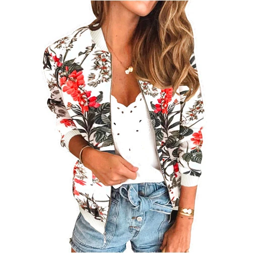 ECOWISH Women's Casual Floral Zip Up Bomber Jacket Coat Crew Neck Lightweight Short Camo Outwear Tops Windbreaker with Pocket