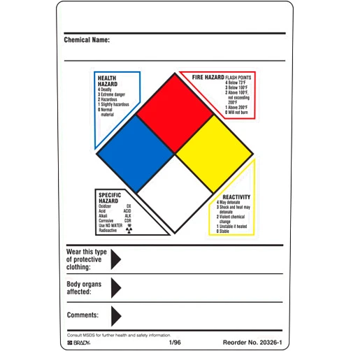 Brady 20326-1VLS Hazardous Communication and Right-to-Know Labels, Adhesive Vinyl, Paper, 4