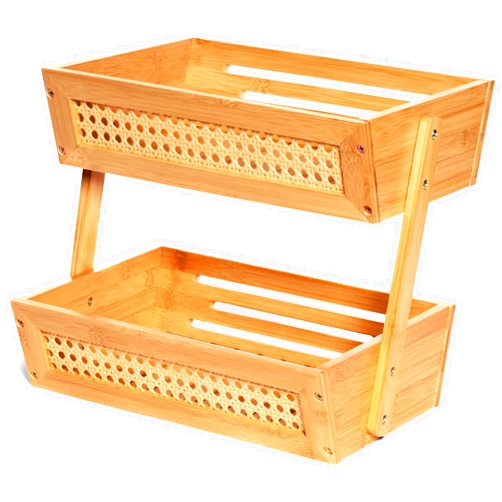 Gennua Kitchen Bamboo Fruit Basket for Kitchen Counter & Beyond | Elegant 2-Tier Vegetable & Fruit Holder Combines Beautiful Solid Bamboo & Breathable Rattan Mesh for Produce Storage & More