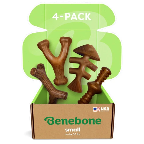 Benebone Small 4-Pack Dog Chew Toys for Aggressive Chewers, Made in USA, 30lbs and Under