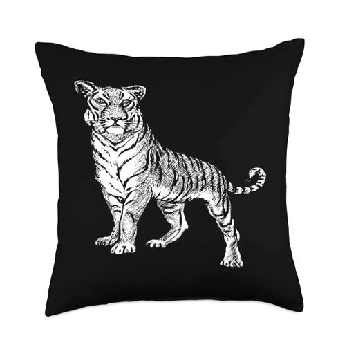 Tiger Art Tees And Awesome Big Cat Gifts by taiche Tiger Line Drawing Black and White Tattoo Art Throw Pillow, 18x18, Multicolor