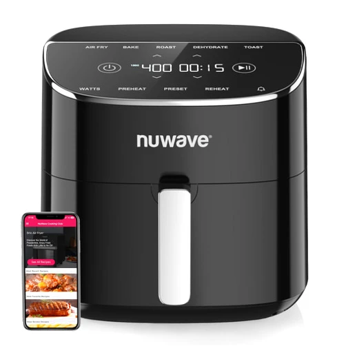 Nuwave Brio Plus Air Fryer 8 Qt, New & Improved, PFAS-FREE, 7 Digital One-Touch Cook Functions that AIR FRY, BAKE, ROAST, DEHYDRATE, TOAST, REHEAT, PREHEAT, 150 Presets, 50°F~400°F (Black)