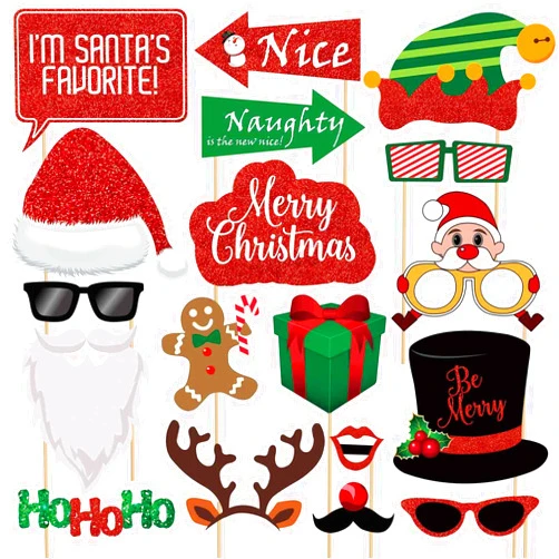 Jokmae Glitter Christmas Photo Booth Props Kit - 25 Count Large Photography Party Decorations Gifts, Fun Santa Elfie Selfie Posing Signs DIY Craft Backdrop Accessories for Birthday New Year Holiday