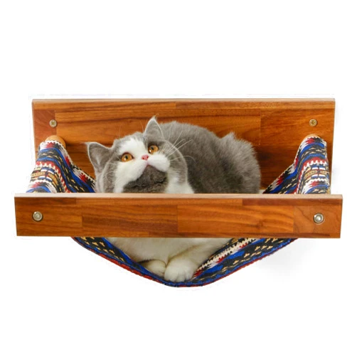 FUKUMARU Hammock Mounted Cat Beds and Perches, Wooden Wall Furniture, Stable Shelves for Sleeping, Playing, Climbing, and Lounging, Walnut Retro