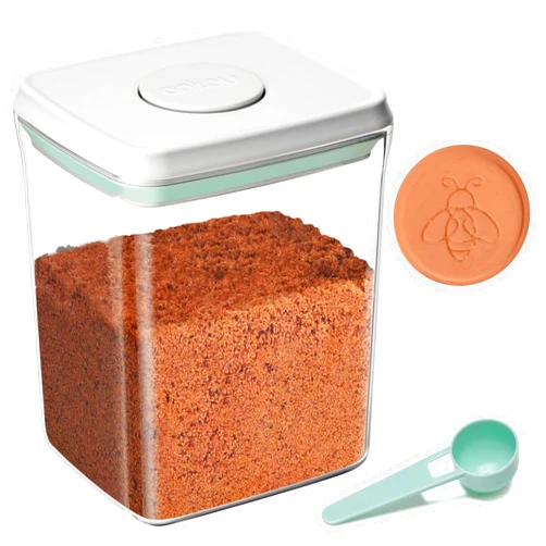 Mutclord POP Airtight Brown-Sugar Keeper-Container - 1.3Qt(42Oz/1.2L) Clear Jar | 1/2 Tablespoon Scoop | Brown Sugar Saver | Stackable One-Touch Opening