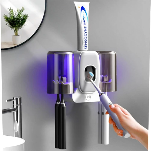 WREWING Toothbrush Holders for Bathrooms, Automatic Toothpaste Dispenser and Holder, Electric Toothbrush Holder Wall Mounted with 4 Toothbrush Slots 2 Cups for Washroom, Bathroom, Shower (Gray)