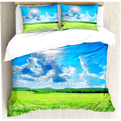 Ambesonne Landscape Duvet Cover Set of 2, Spring Landscape with Meadow by The Mountain and Sky Vivid Nature Print Home, Decorative 6 Pcs Bedding Set with 4 Pillow Shams, King Size, Aqua Green