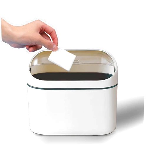 HTERDR Mini Desktop Trash Can, Hanging Small Trash Can with Lid, Flip Top Small Office Countertop Garbage Can, Mountable Tiny Wastebasket for RV, Dorm, Freezer, Laundry and More (Blue)