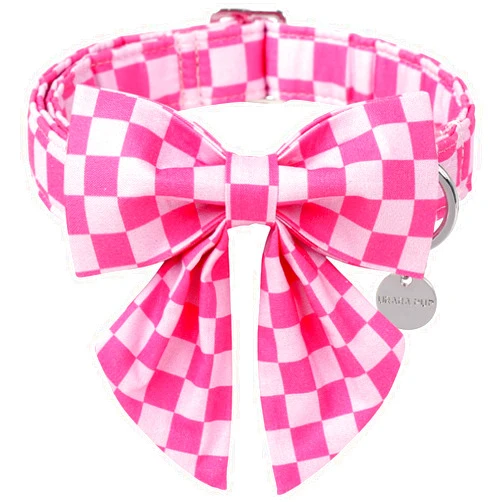 UP URARA PUP Dog Collar with Bow Tie,UP URARA PUP Pink Plaid Bowtie Dog Collar, Summer Bowtie Collar for Puppy Boy Girl Dog, Comfortable Cotton Dog Collar with Metal Buckle,S