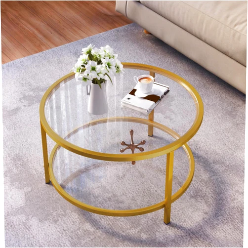 SAYGOER Round Glass Coffee Table 2 Tier Coffee Tables with Storage Shelf for Large or Small Space Modern Simple Center Table with Gold Frame for Living Room Home Office, Easy Assembly…
