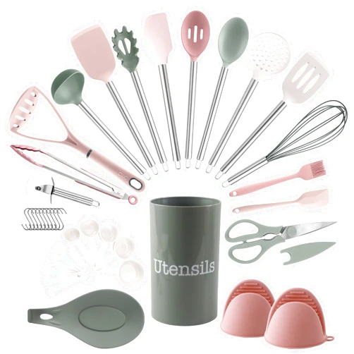 COOK WITH COLOR Silicone Cooking Utensils, Kitchen Utensil Set, Easy to Clean Silicone Kitchen Utensils, Cooking Utensils for Nonstick Cookware, Kitchen Gadgets Set, 38 Piece, Mint