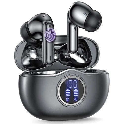 HKERR Wireless Earbuds, Bluetooth 5.3 Bass Stereo Headphones, 50 Hours of Playtime with Noise Cancelling Mic LED Display, 4 Microphones IPX7 Waterproof Earphones for Laptop Pad Phones, Black