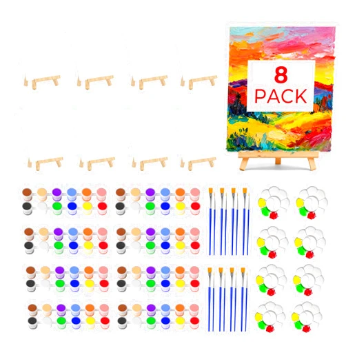 Nicpro 8 Pack 8×10 Inch Canvas Boards Kits for Painting, Art Canvas Set with 16 Brushes, 8 Paint Trays, 8 × 12 Acrylic Paint, Mini Drawing Easel Set, Sip and Paint Kit for Adults Party