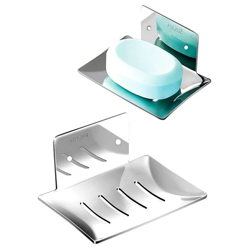 Xicveiuz 2 Pack Stainless Steel Soap Holder for Shower Wall, Adhesive Wall-Mounted Bar Soap Dish, No-Drill Soap Saver with Drain