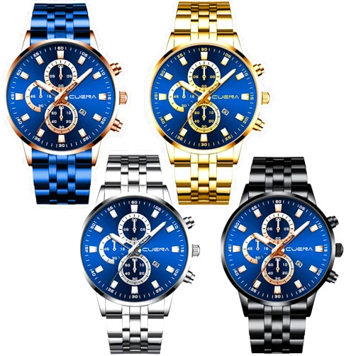 Yunanwa 4 Pack Men's Watches Luxury Casual Dress Business Waterproof Military Quartz Wristwatches for Men Stainless Steel Band Gold Black Blue Silver Wholesales Set Assorted