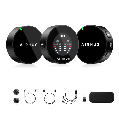 AIRHUG Wireless Lavalier Microphone, AI Noise Cancelling- Cordless Recording Mic with 2 Lavalier Transmitters and 1 Receiver for Camera/Phone/ipaid, Vlog, Filmmaking, Streaming