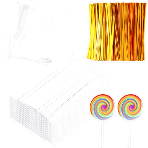 Seajan 1800 Pcs Cake Pop Sticks and Wrappers Kit Including 600 Pcs 6 Inch Lollipop Stick 600 Pcs Clear Treat Bags Parcel 600 Pcs Gold Twist Ties Making Tools for DIY Lollipops, Chocolates, Candies