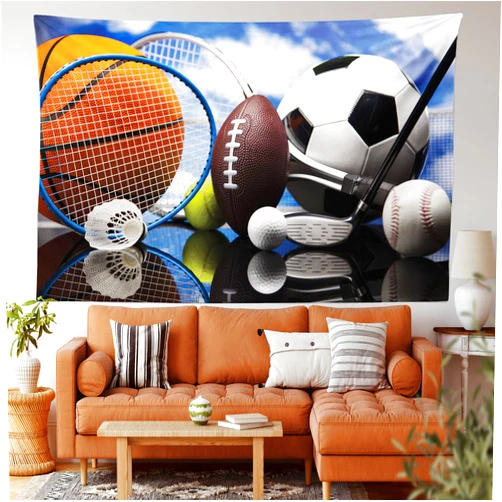 Ambesonne Sports Tapestry, Hobby Equipment Print of Football Soccer Darts Ice Hockey Baseball and Basketball Themed Print, Wide Wall Hanging for Bedroom Living Room Dorm, 80