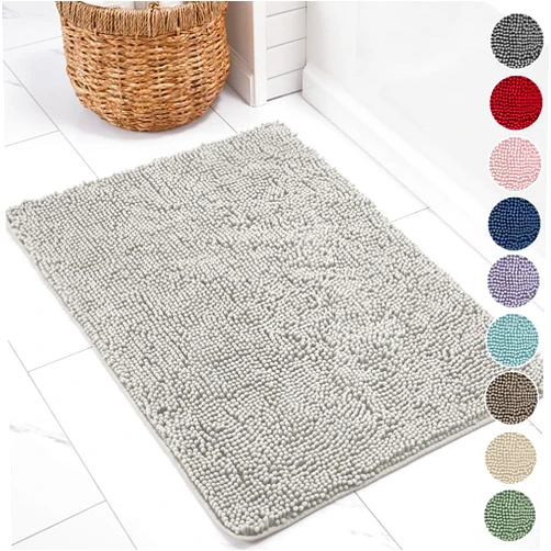 KANGAROO Bathroom Rugs, Chenille Soft Absorbent Bath Rug, Shaggy Shower Mat, Quick Dry Machine Wash Bathmat, Plush Carpet Mats for Tub, Bathtub and Room Home Decor Accessories, 24x17, Light Gray