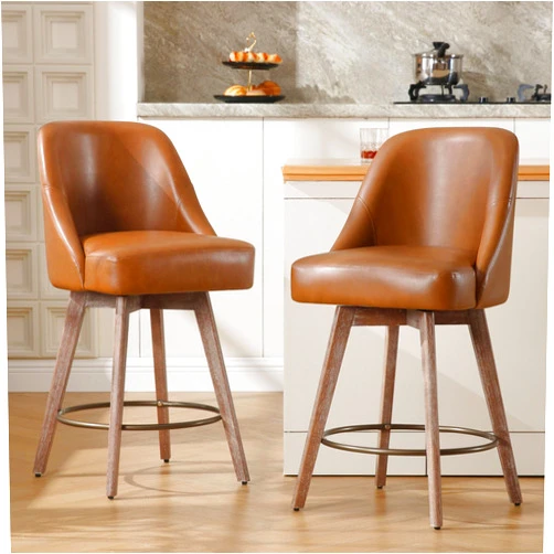 Bekrvio Counter Height Bar Stools Set of 2, Mid-Century Swivel Bar Chairs with Backs and Beech Wood Legs, 26 Inch Seat Height, PU Leather Upholstered Barstools for Kitchen Island, Bar, Pub, Brown