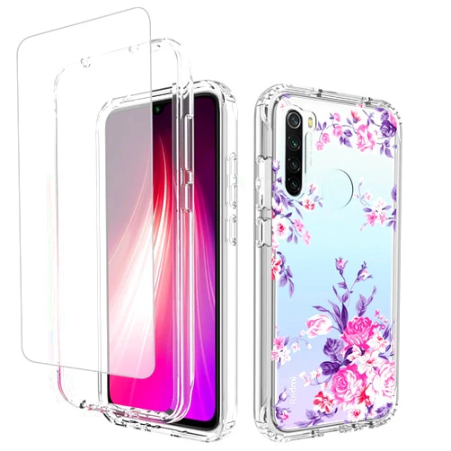 Yerebel Case for Redmi Note 8 (2019/2021) M1908C3JH with Tempered Glass Screen Protector, Floral Design Shockproof Bumper Full Body Protective Cell Phone Cover for Xiaomi Redmi Note 8 (Rose)